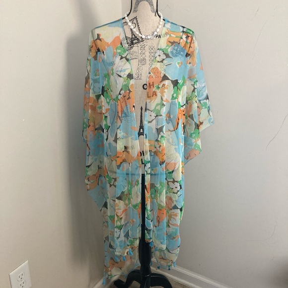 Women’s Skyblue Orange Green Floral Duster Sheer Chiffon Coverup Tassles - Picture 1 of 6
